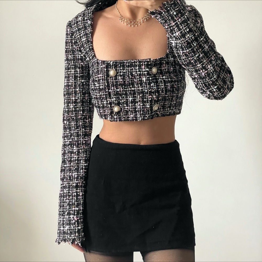 Majorelle tweed long sleeve pearl top XS